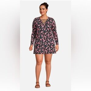 Lands End Paisley Lace-Up Long Sleeve Cover Up Dress - Black & Pink XL